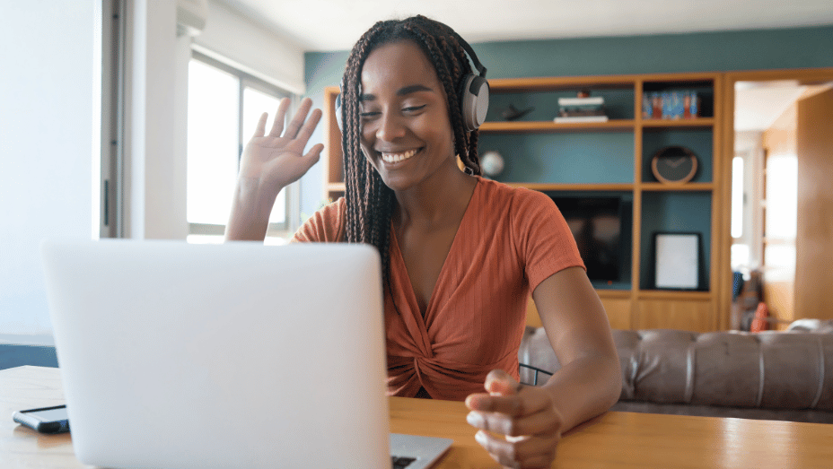 employee working from home joins a video call with on site