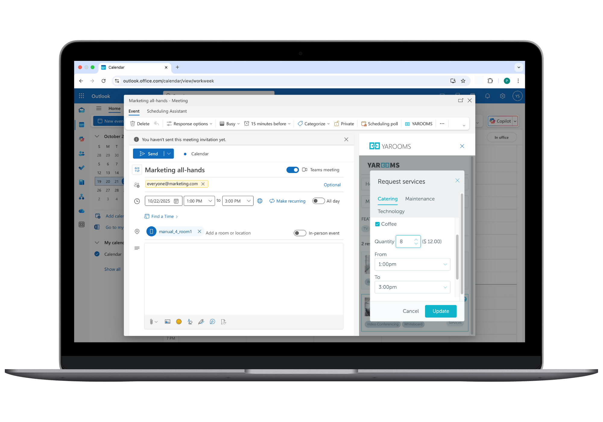 request meeting room services in outlook with yarooms
